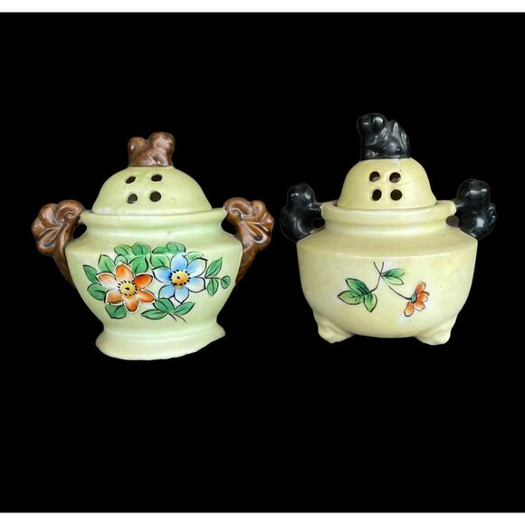 Vintage Incense Burner Pots Mini Ceramic 1950s? Lidded Floral Paint Lot of 2 - Picture 1 of 8